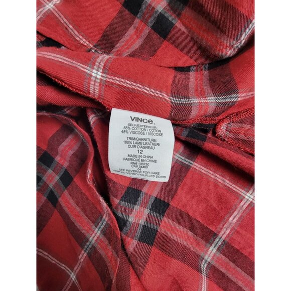 Vince Womens Red Plaid Long Sleeve Button-Up Shirt Size 12 Black Leather Trim - Picture 5 of 8